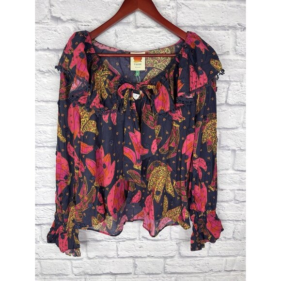 FARM RIO Women's Navy Patchwork Banana Ruffle Tie Neck Embroidered Blouse NWT M - Picture 1 of 6
